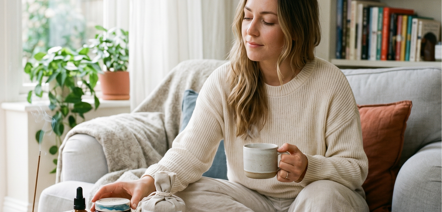 Woman sitting on a couch holding a mug with various skincare products on a coffee table in front of her.